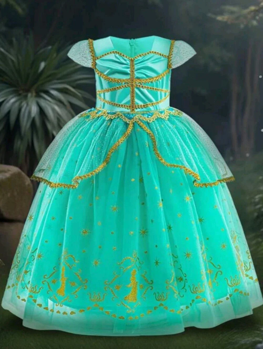 Girls' Teal Princess Tulle Dress with Gold Accents